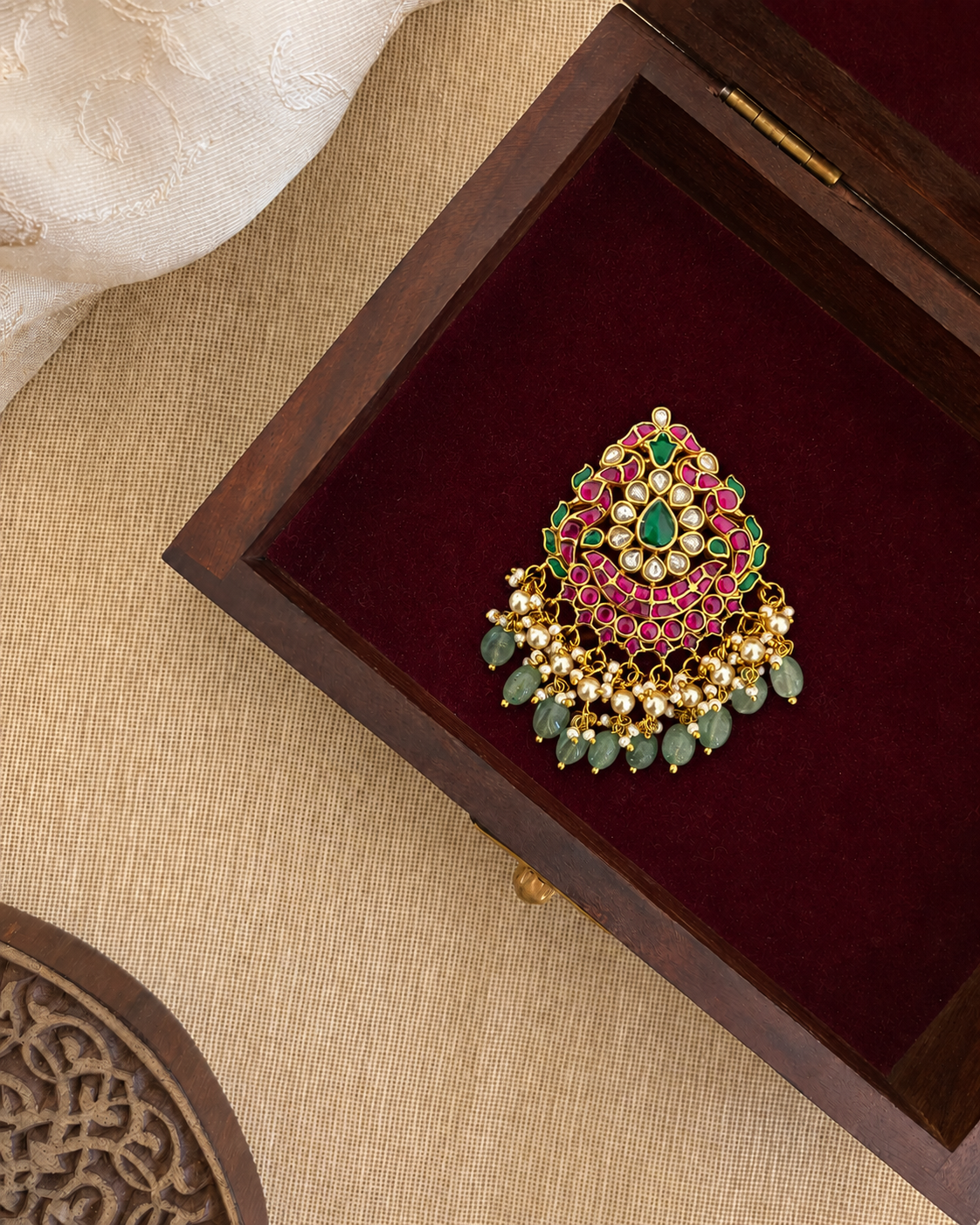 Multicolor Peacock Jadau Kundan Pendant | Pearl Hangings | Handmade Gold Plated | HA375