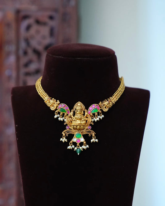 Elegant Antique Gold Plated Lakshmi Necklace Set with Earrings | Handmade Gold Plated | NC943