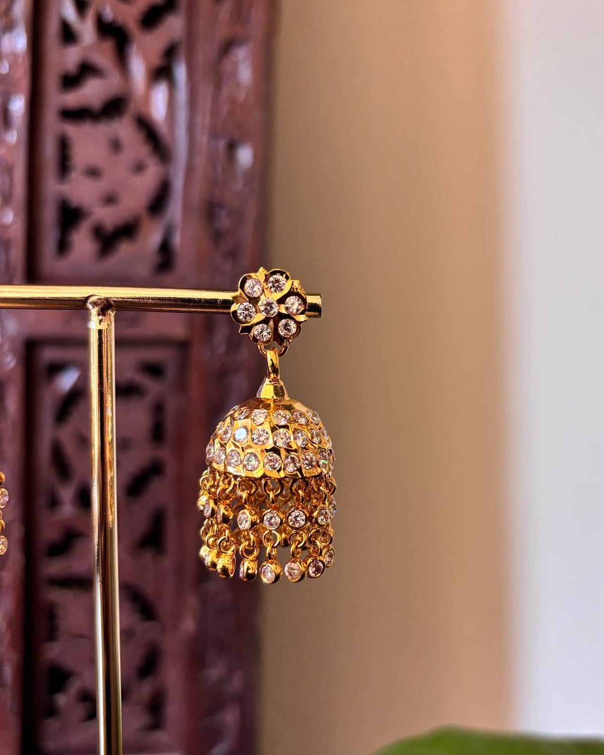 Vintage Impon Layered Stone Jhumkas | White | Handmade Gold Tone | ER505