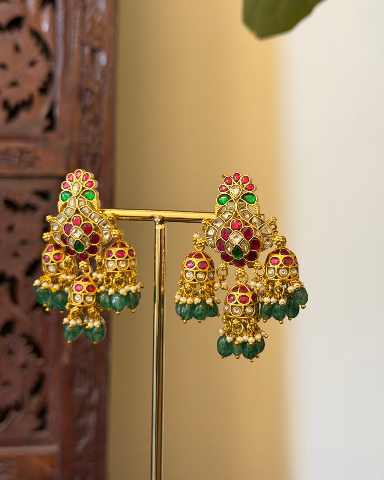 Jadau Kundan Peacock Jhumkas Earrings | Handmade Gold Plated | ER447