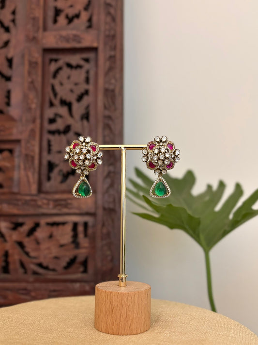 Floral Ruby Green Stone Studs | Handmade Gold Plated | ER429
