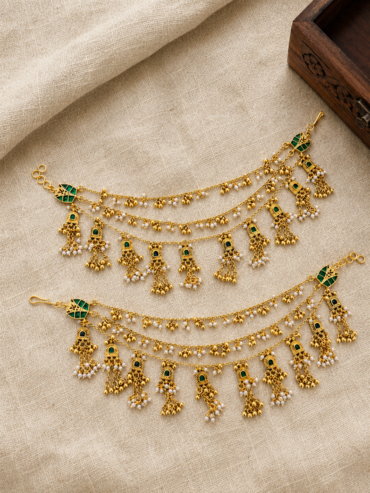 Green Gold Plated Kundan Ear Chain | Handmade Gold Plated | EC221