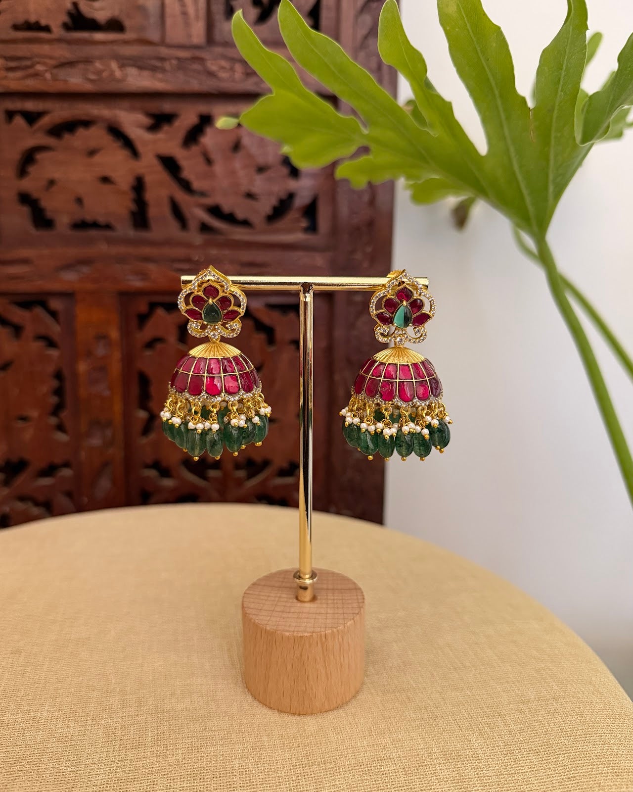 Ruby & Green Floral Jadau Kundan Jhumkas | ER412