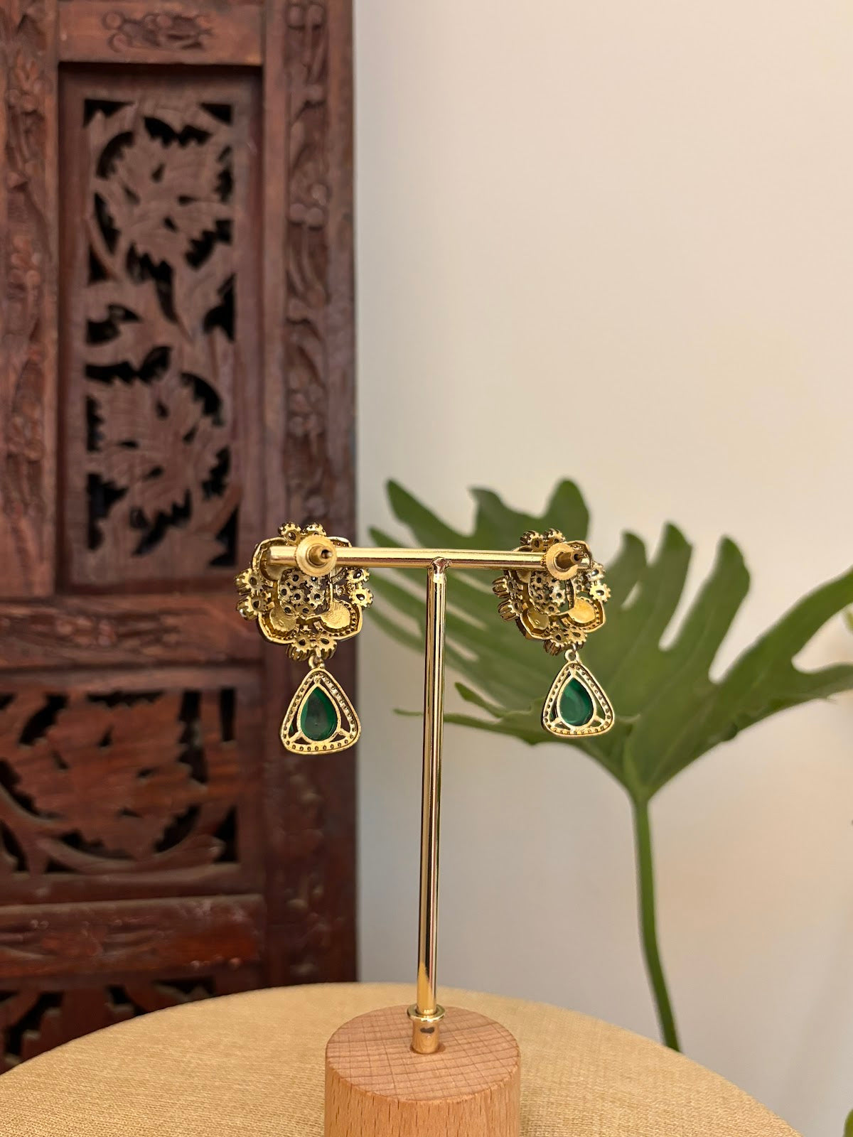 Floral Ruby Green Stone Studs | Handmade Gold Plated | ER429