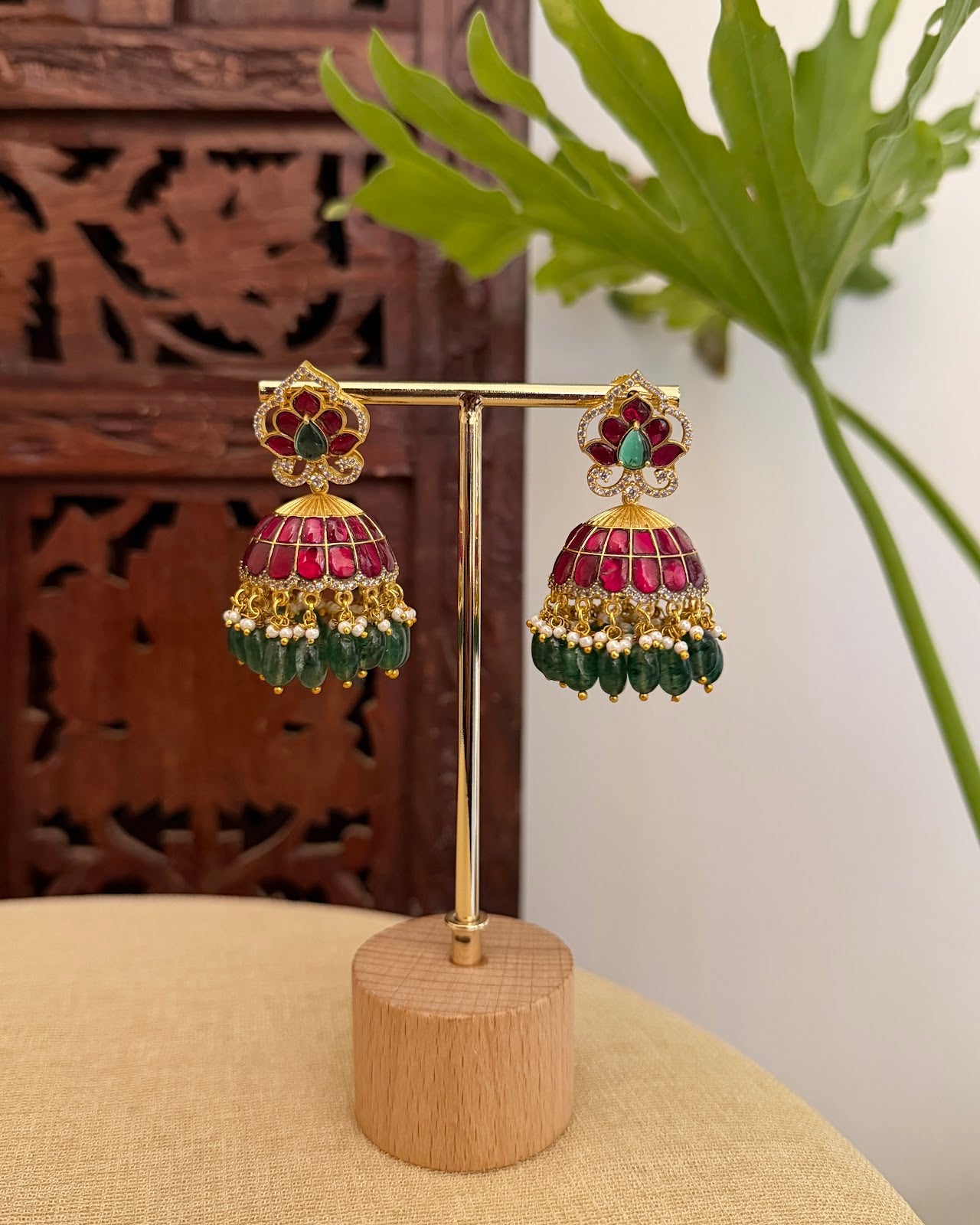Ruby & Green Floral Jadau Kundan Jhumkas | ER412