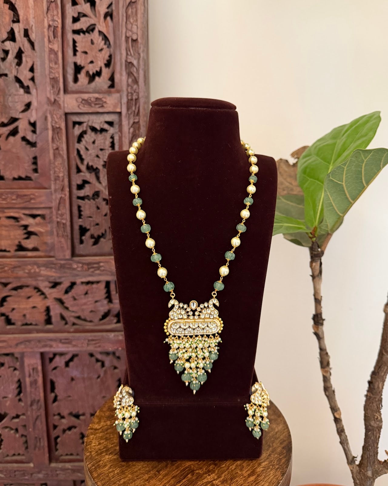 White Gold-Plated Kundan Peacock Malla with Earrings | Handmade Gold Plated | NC794