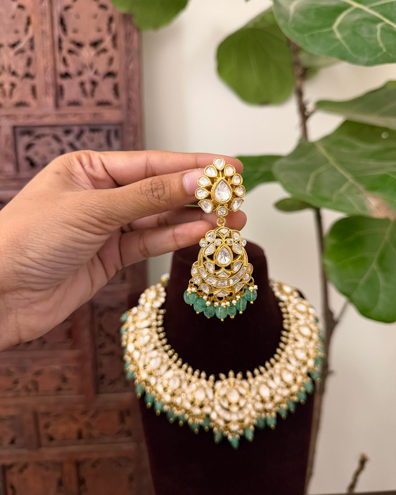 Mossanite Kundan Statement Necklace Set | Handmade Gold Plated | NC796