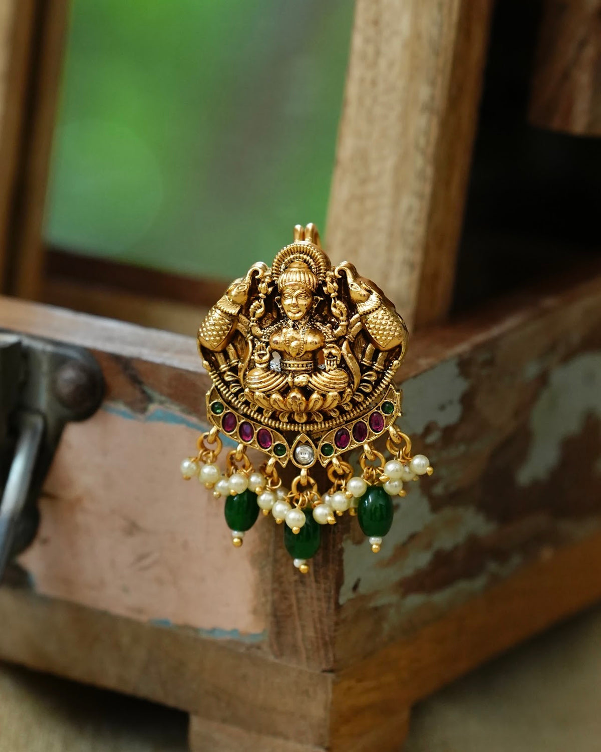 Traditional Lakshmi & Elephant Hair Pendant with Green Beads | HA437