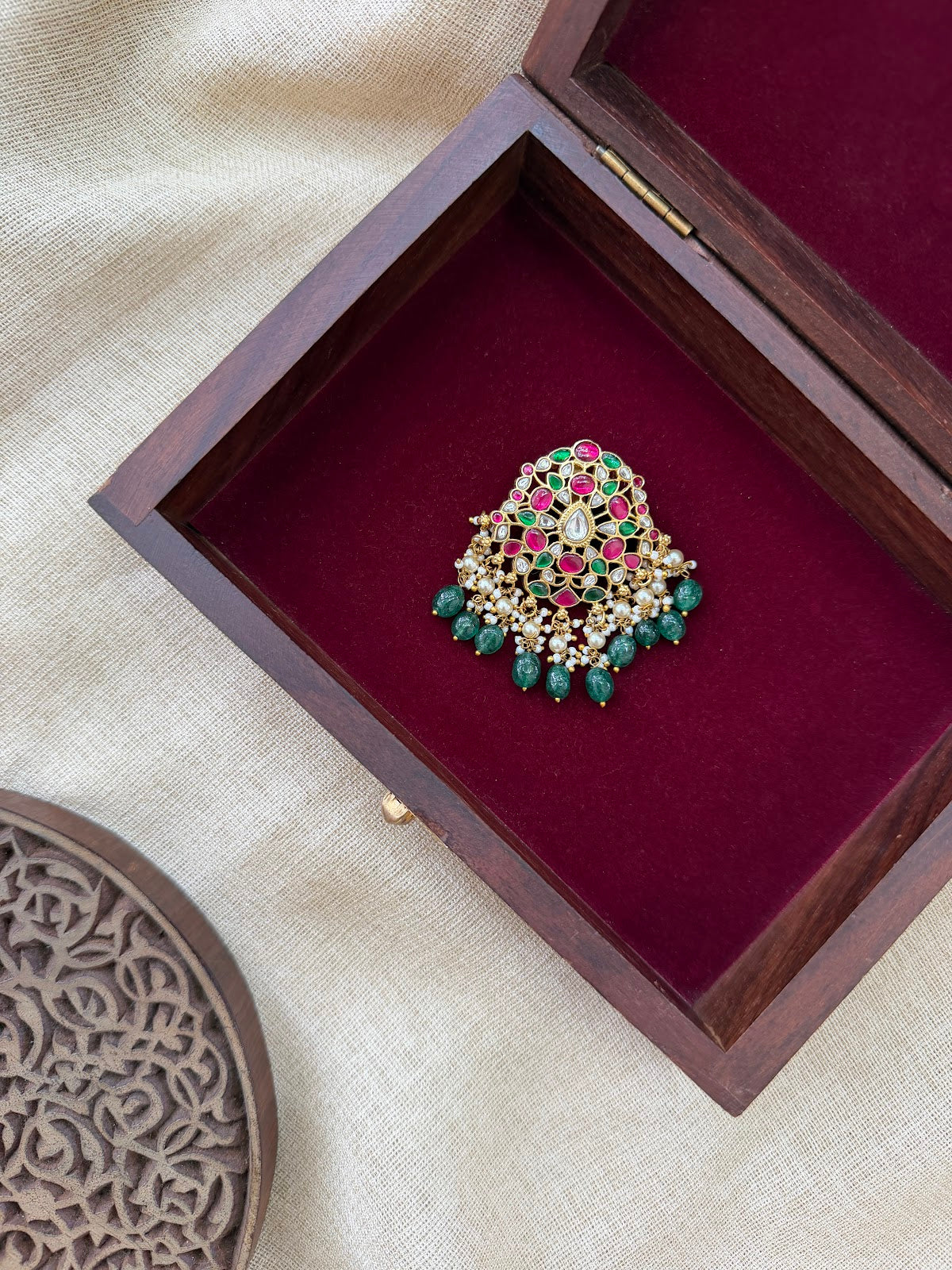 Multicolour Jadau Kundan Floral Pendant | Handmade Gold Plated with Pearl Drop | HA393