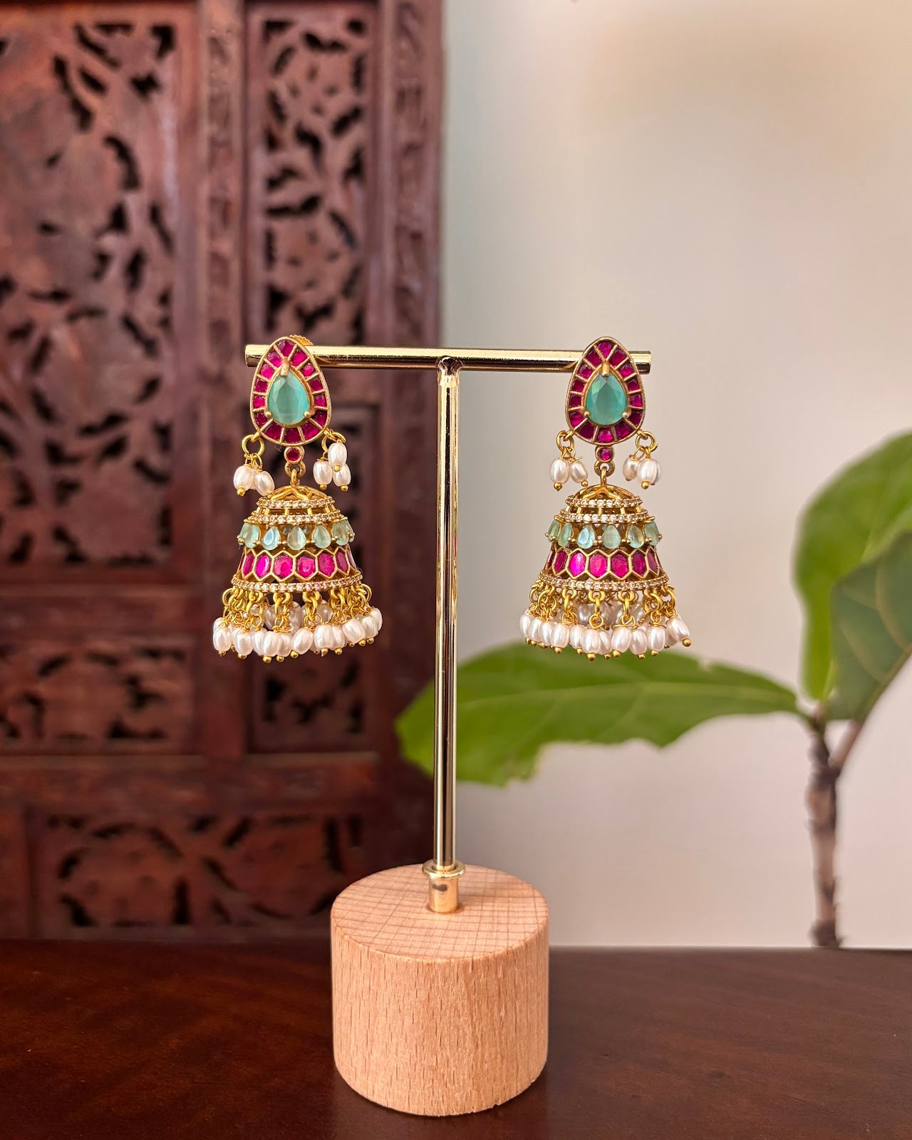 Statement Blue Pink Jadau Jhumkas | Handmade Gold Plated | ER463