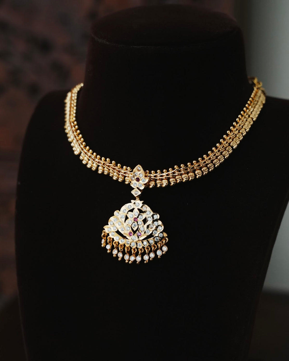 Vintage Floral Motif Impon Necklace | Ruby & White | Handmade Gold Tone | NC936