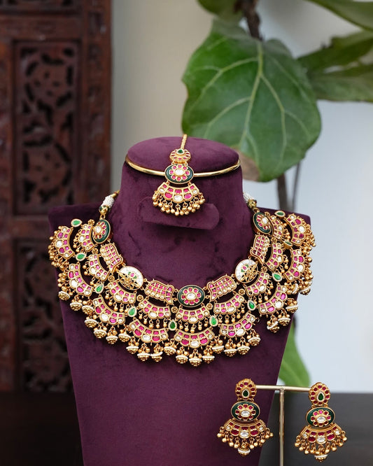 Kundan Nagshi Choker Set with Earrings & Maang Tikka | Handmade Gold Plated | NC951
