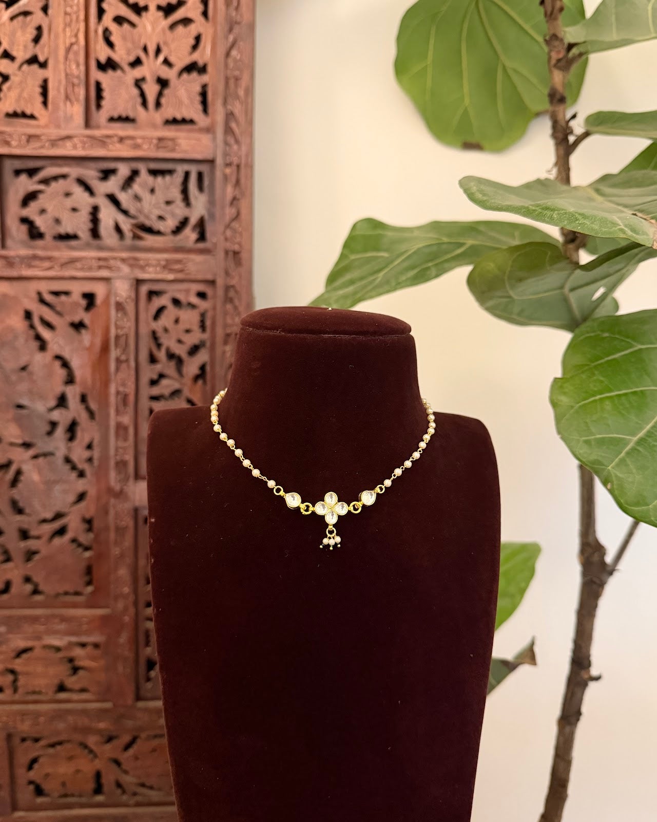 Floral Pearl Delicate Minimal Necklace | Handmade Gold Plated | NC815