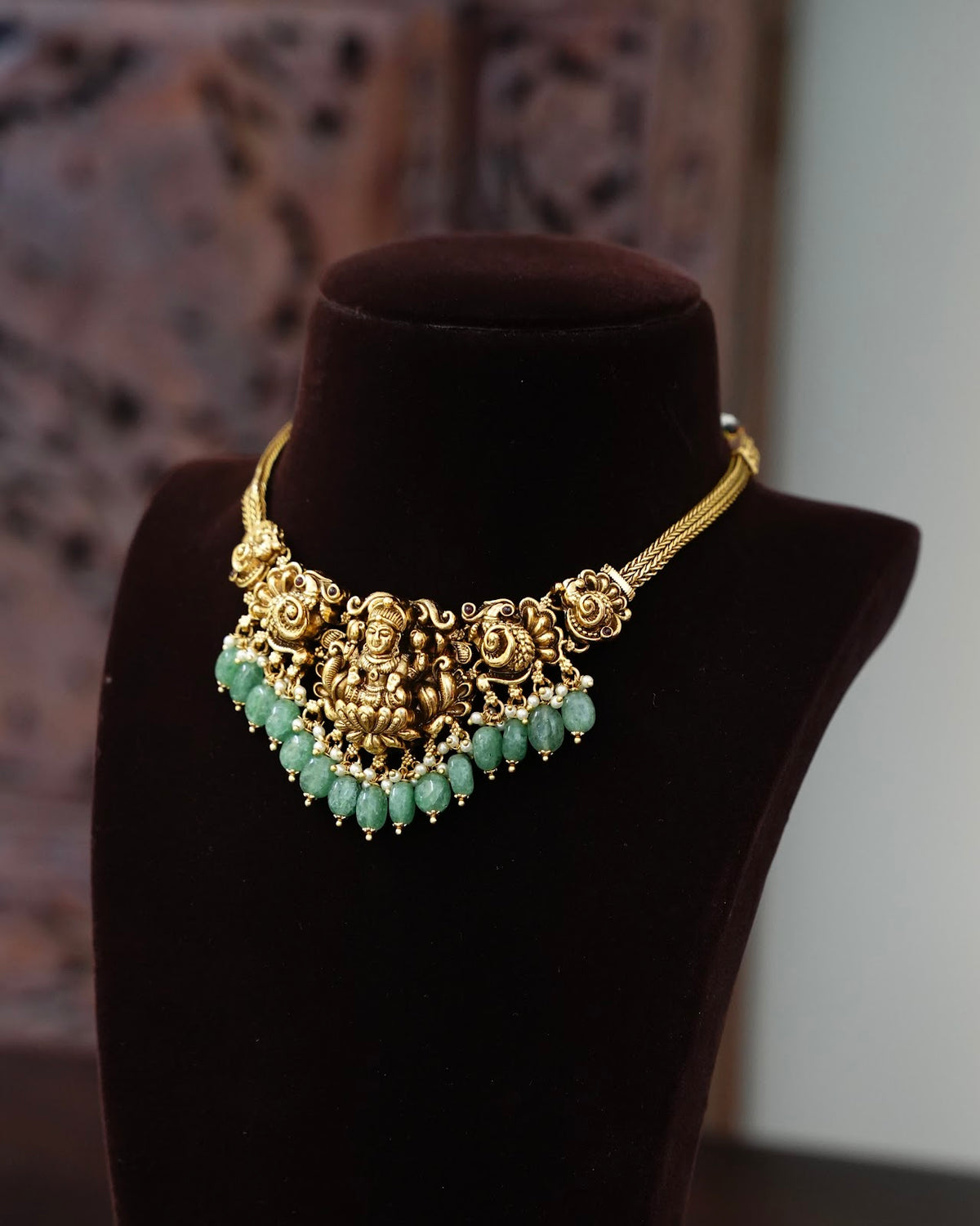 Antique Lakshmi Gold-Finish Choker Necklace Set with Strawberry Beads and Earrings | NC885