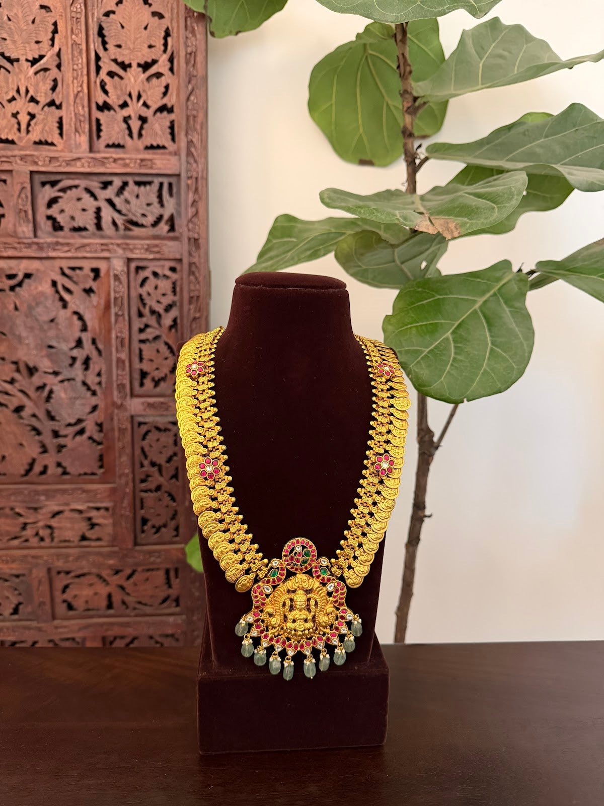 Regal Lakshmi Peacock Pendant Kaasu Haram | Heritage-Inspired Handmade Gold Plated | NC832