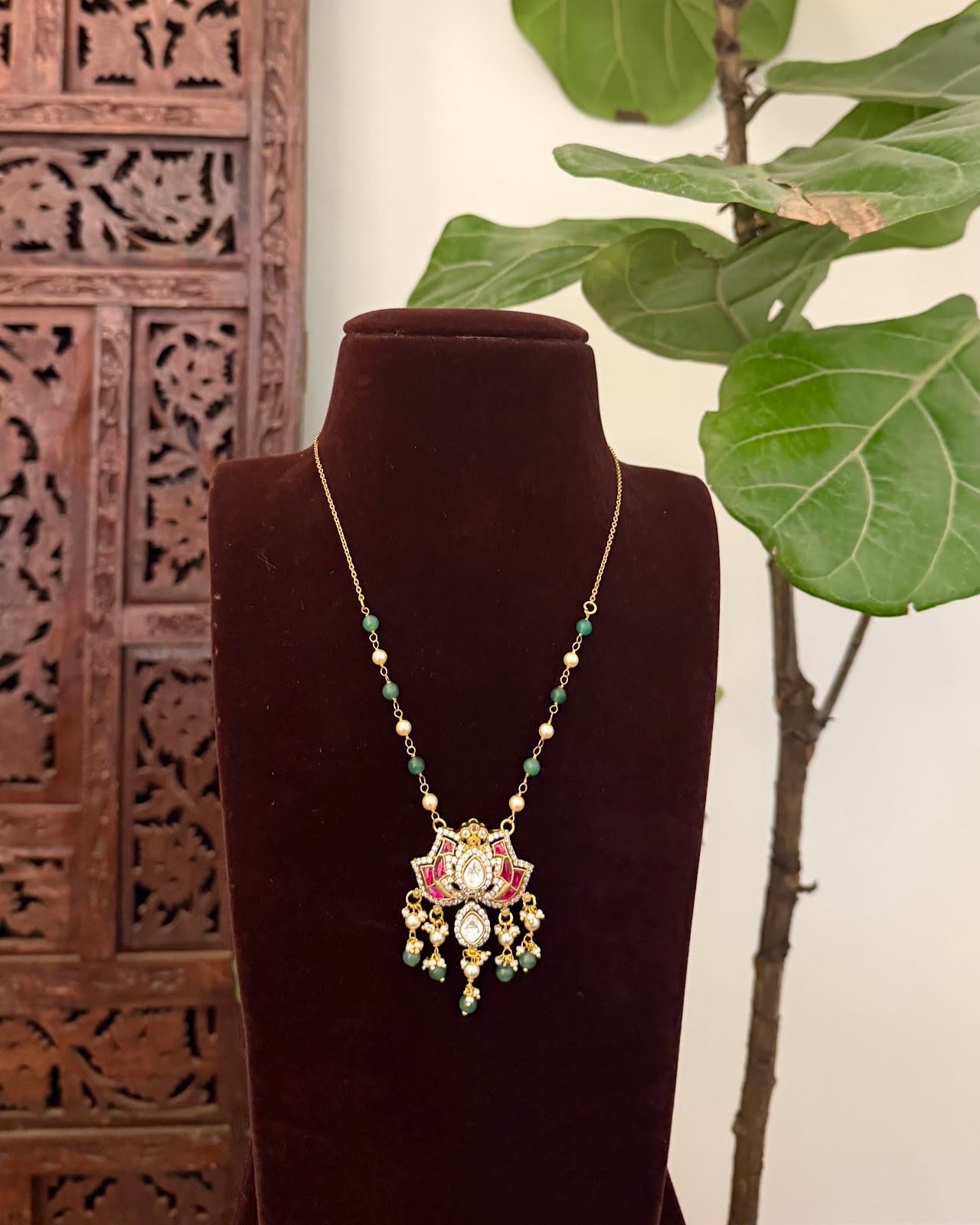 Lotus Moissanite Kundan Necklace with Earrings | Handmade Gold Plated | NC837