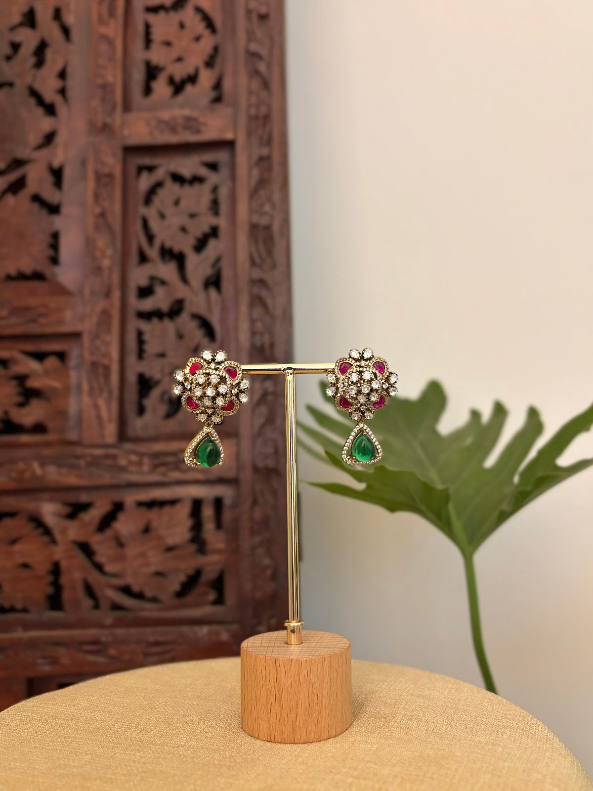 Floral Ruby Green Stone Studs | Handmade Gold Plated | ER429