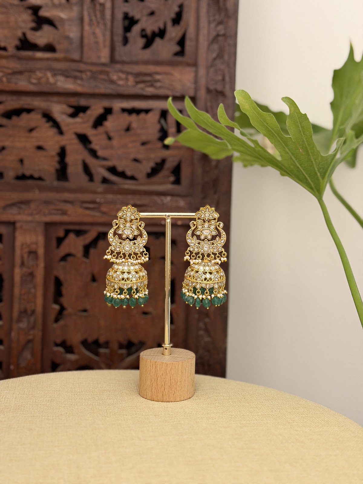 White Floral Jadau Kundan Jhumkas With Green Beads | ER420