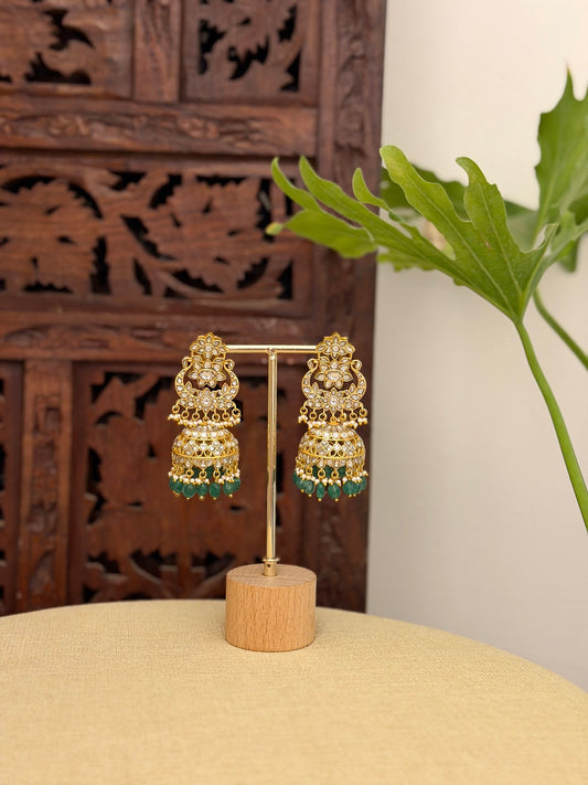 White Floral Jadau Kundan Jhumkas With Green Beads | ER420
