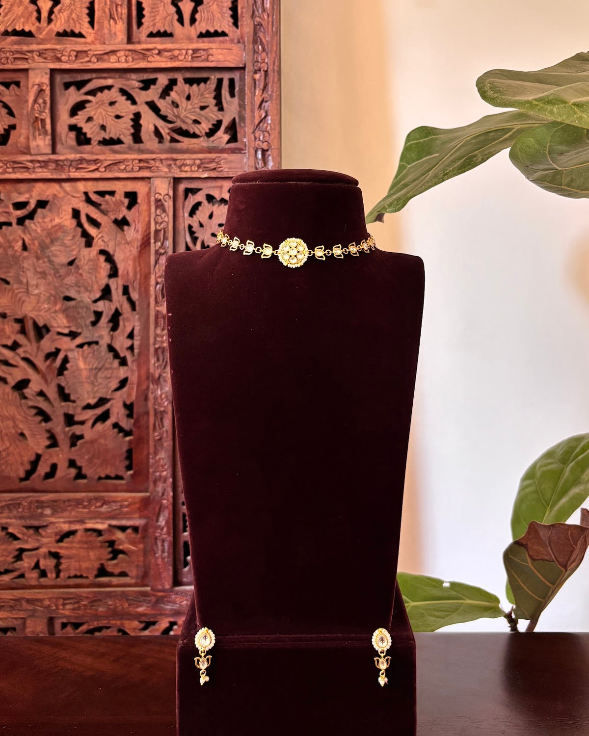 White Lotus Kundan Choker with Earrings | Floral Design | Handmade Gold Plated | NC871