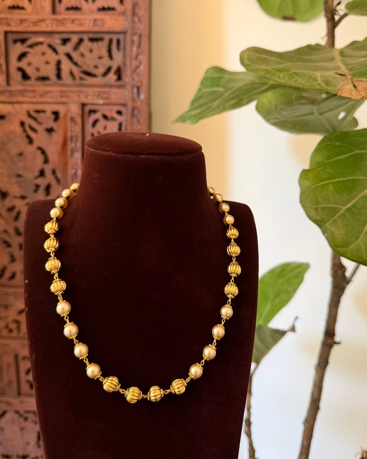 Antique Pearl Gold Plated Bead Mala Necklace | White | Handmade Gold Plated | NC817