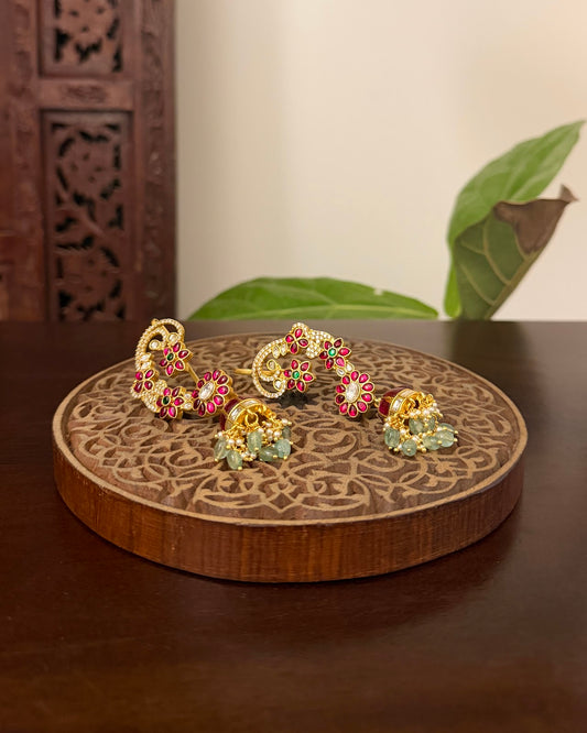 Multicolour Peacock Kundan Jhumkas – Regal Statement Design | Handmade Gold Plated | ER498