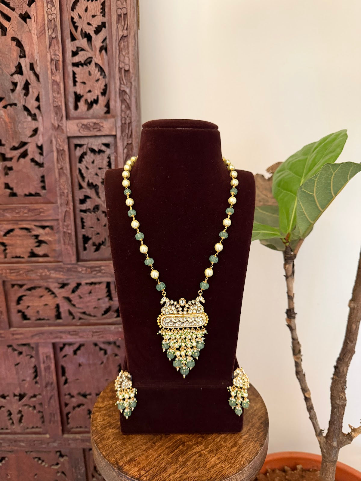 White Gold-Plated Kundan Peacock Malla with Earrings | Handmade Gold Plated | NC794
