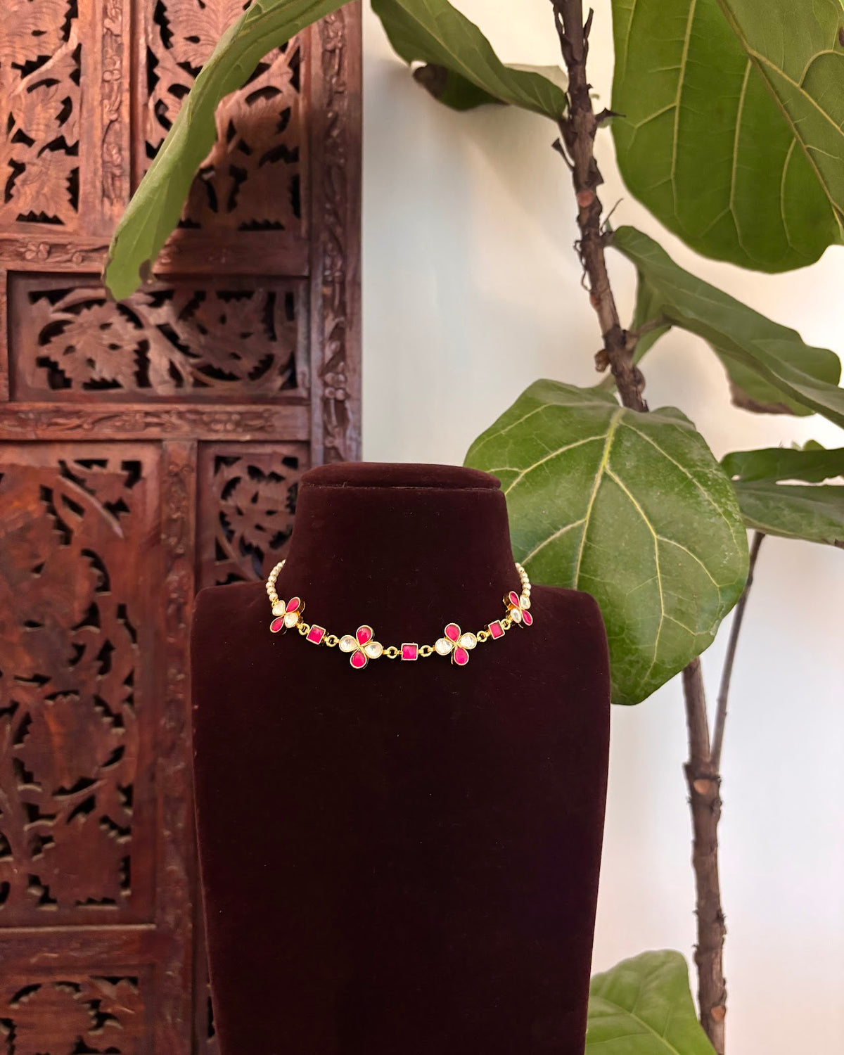 Floral Pearl Delicate Minimal Choker | Ruby | Handmade Gold Plated | NC882