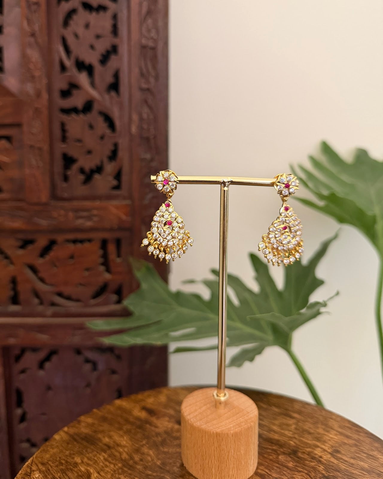 Vintage Peacock Impon Small Jhumkas White Ruby ER393