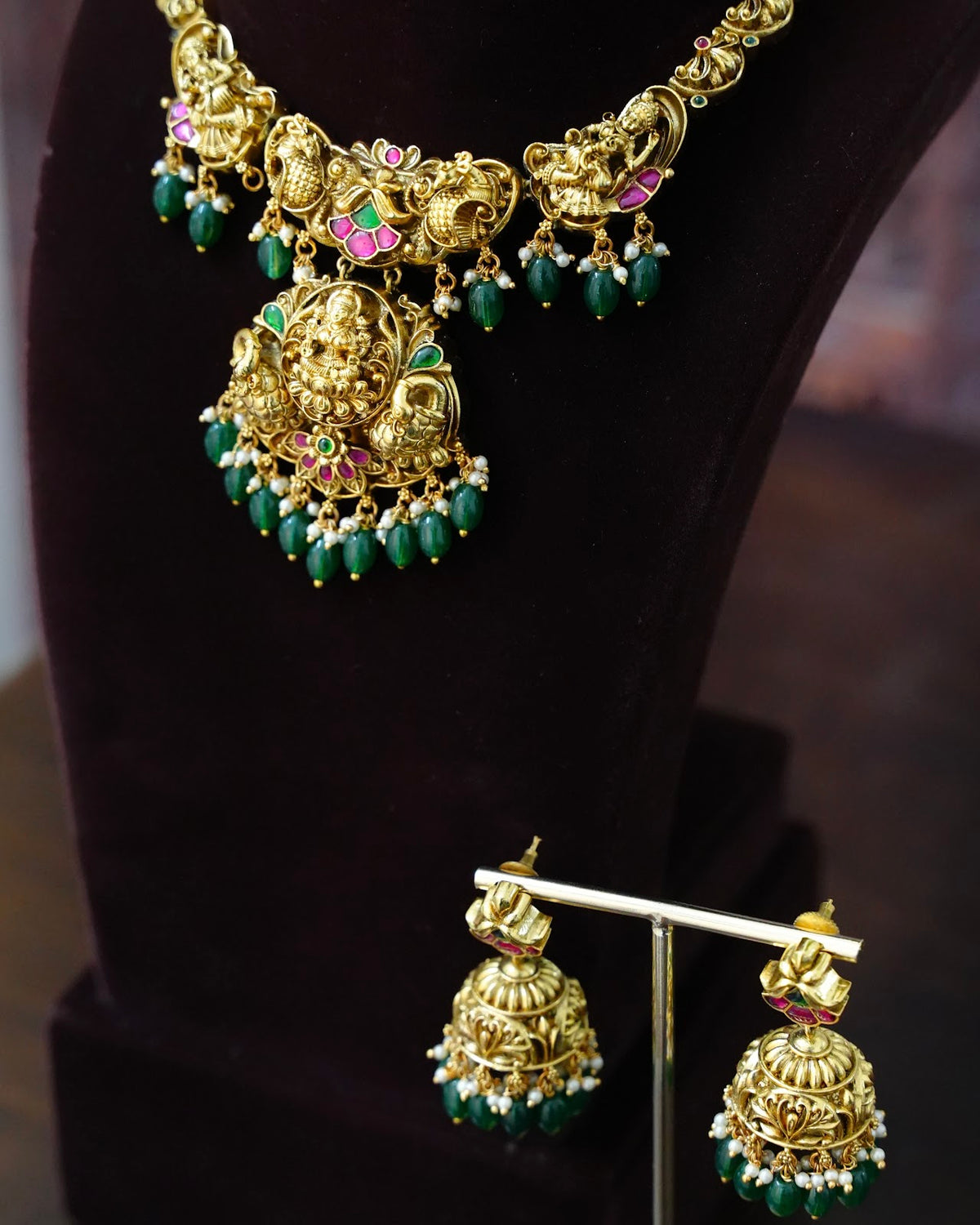 Multicolour Antique Gold Plated Lakshmi & Peacock Choker Set with Green Beads & Earrings | NC940