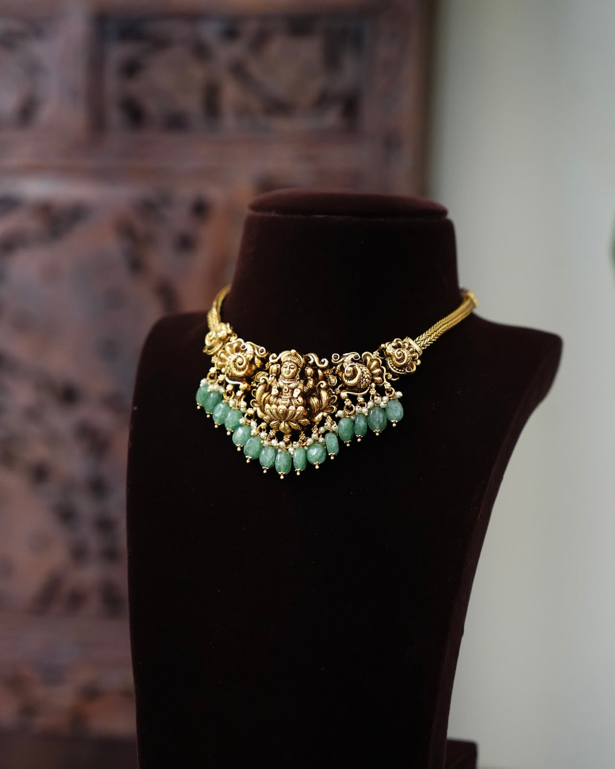 Antique Lakshmi Gold-Finish Choker Necklace Set with Strawberry Beads and Earrings | NC885