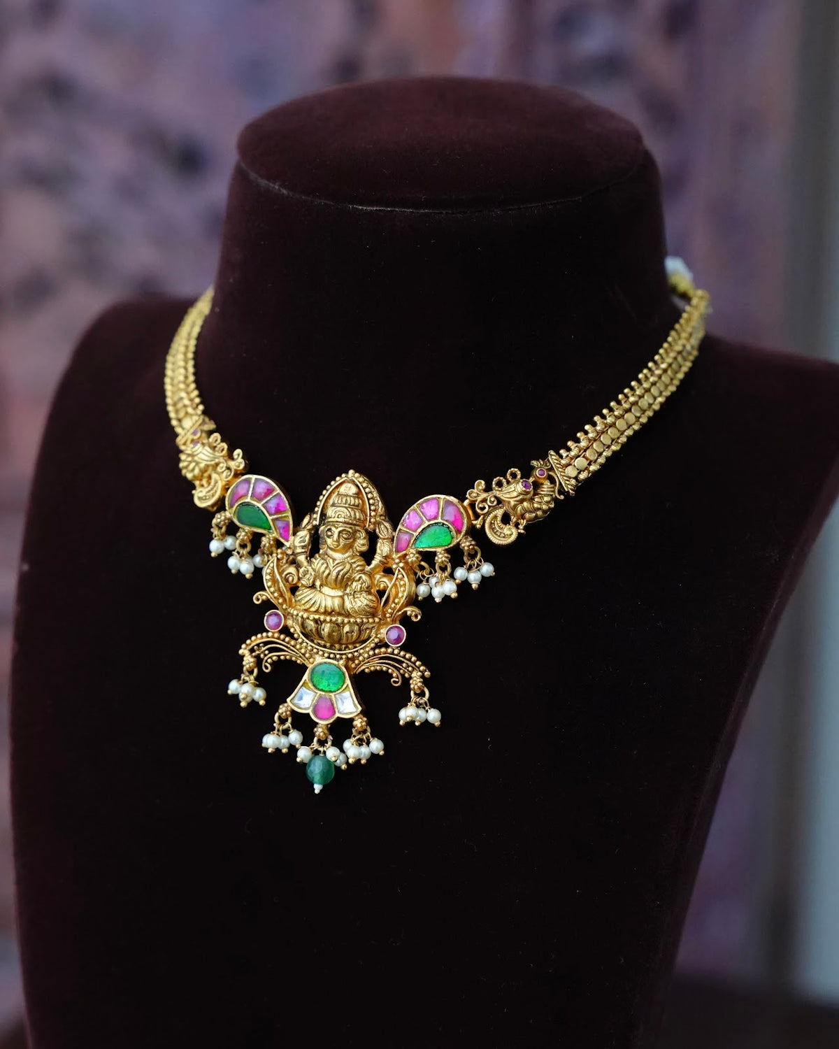 Elegant Antique Gold Plated Lakshmi Necklace Set with Earrings | Handmade Gold Plated | NC943