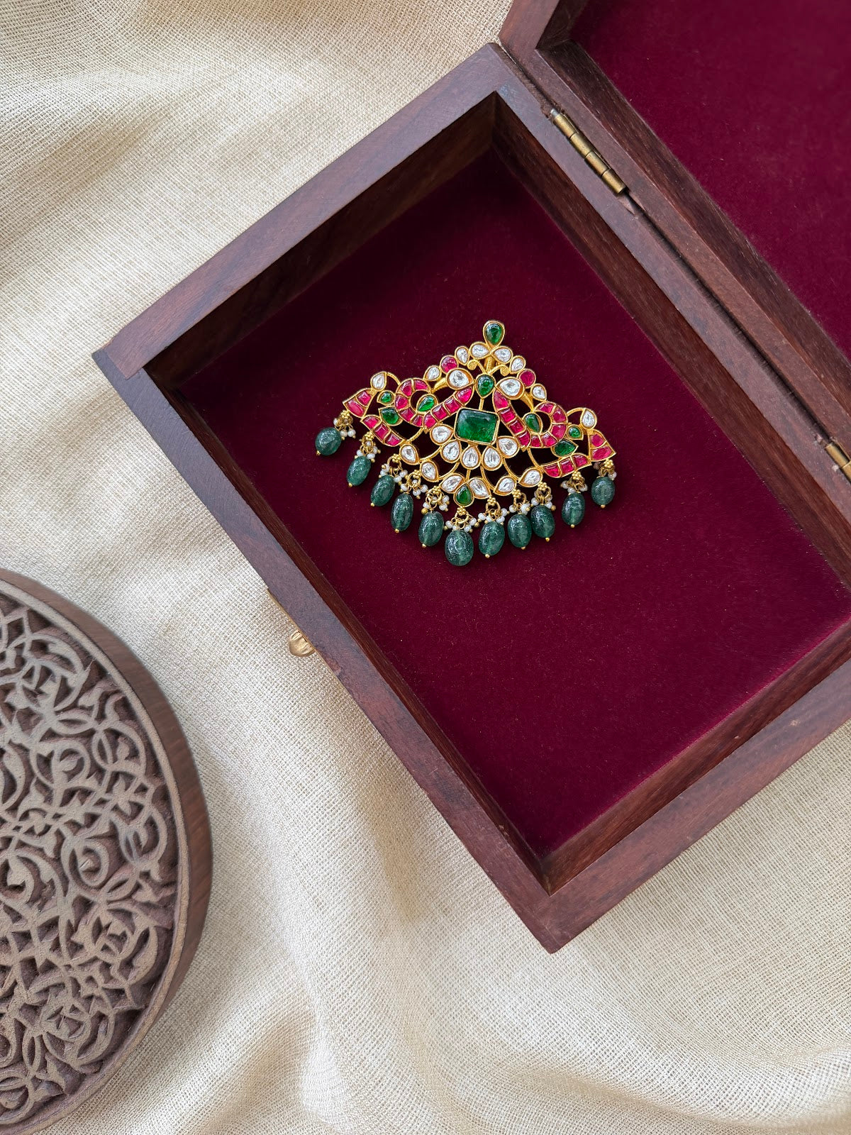 Peacock Motif Jadau Kundan Pendant | Multicolour Gold Plated Pearl Hanging | Handmade | HA399