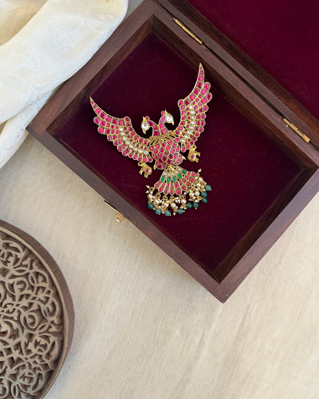 Multicolor Royal Gandaperunda Jadau Kundan Pendant | Handmade Gold Plated | HA367