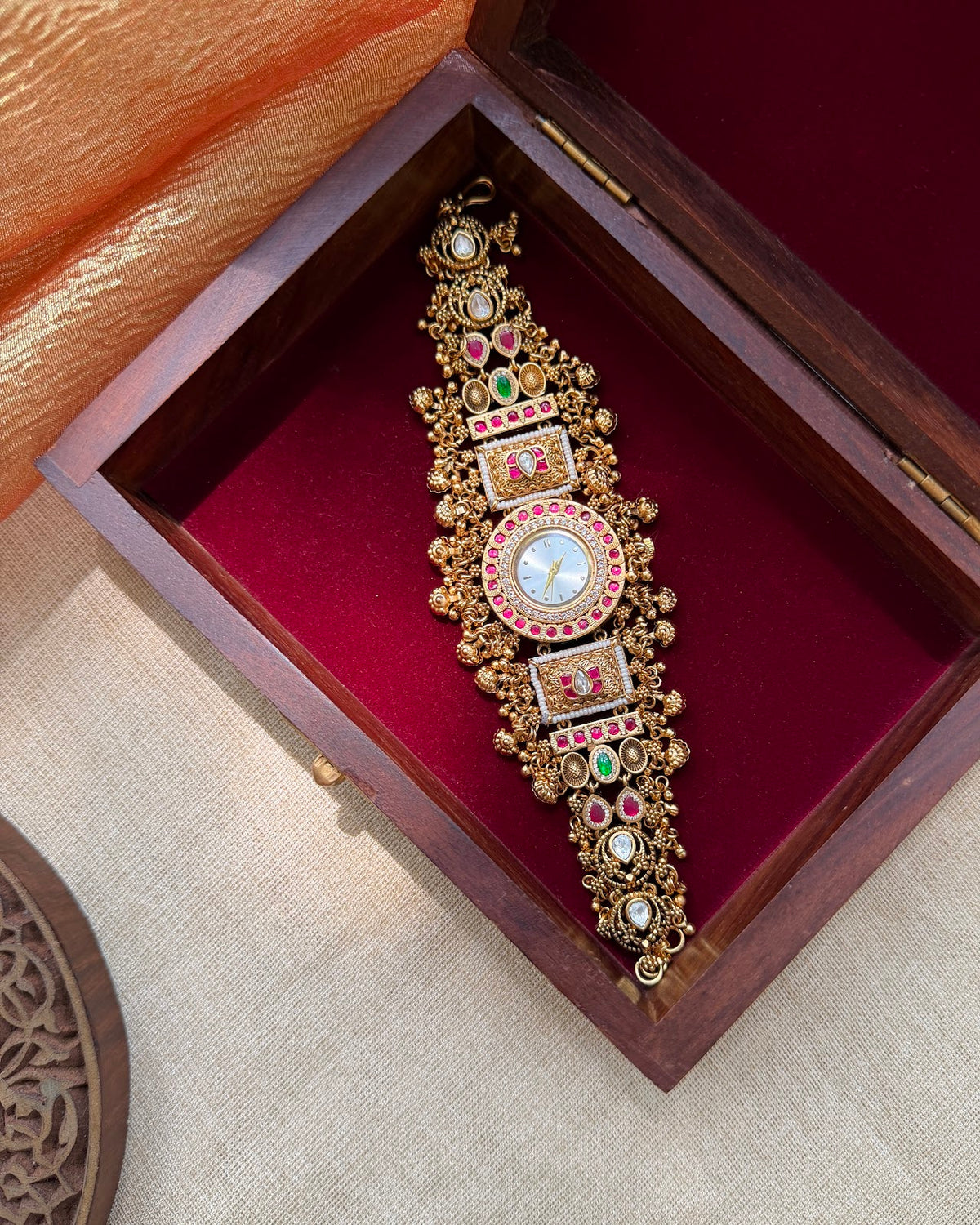 Lotus Motif Classic Jadau Kundan Designer Watch | Handmade Gold Plated | WA004