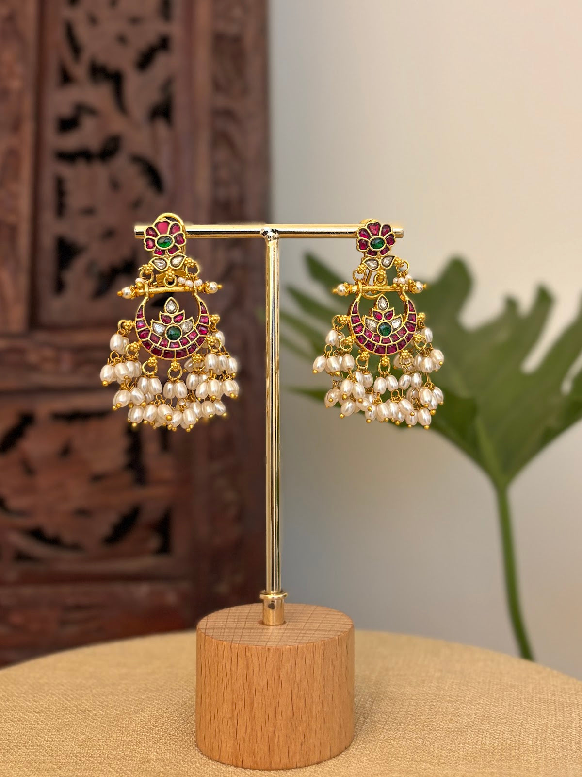 Floral Jadau Kundan Jhumkas With Pearl Hanging | Multicolour | Handmade Gold Plated | ER438
