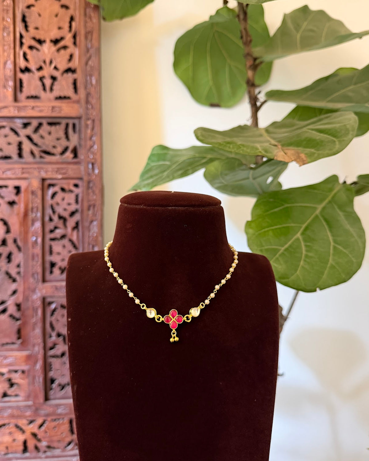 Floral Pearl Delicate Minimal Necklace | Ruby | Handmade Gold Plated | NC856