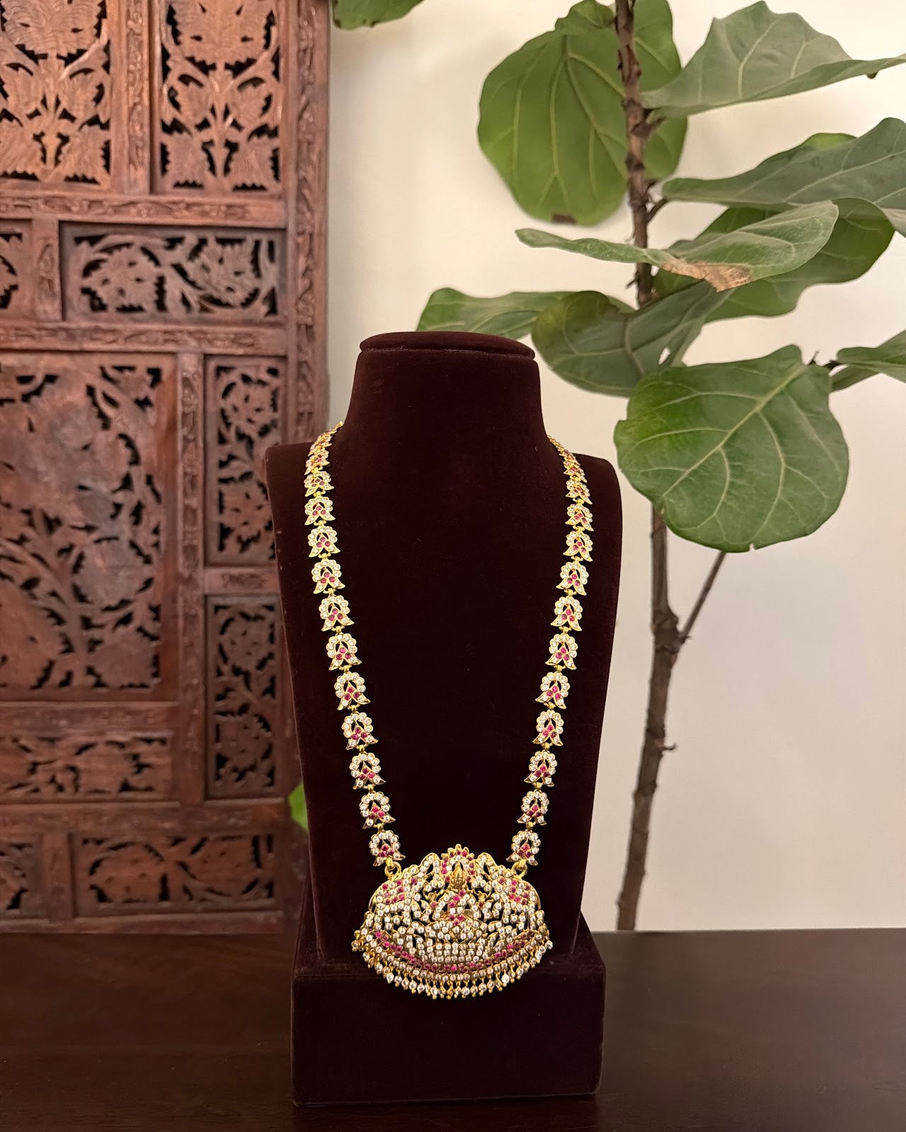 Vintage Impon Ruby & White Long Haram Necklace | Handmade Gold Tone | NC835