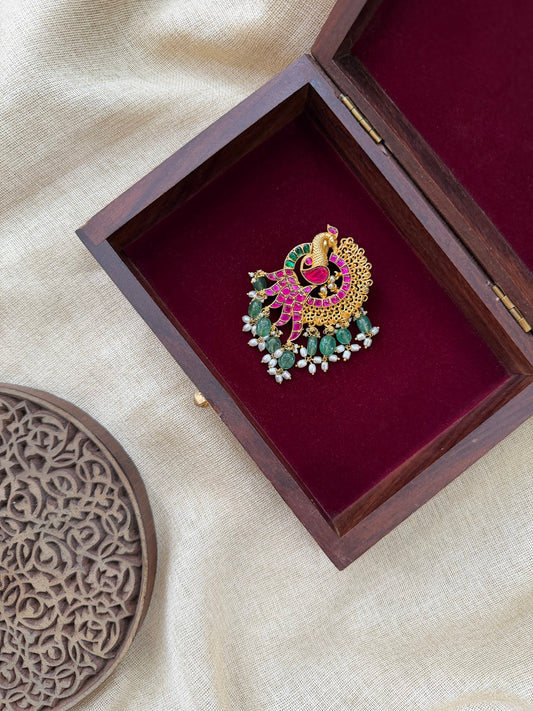Multicolor Kundan Peacock Pendant | Traditional Pearl Drops | Handmade Gold Plated | HA392