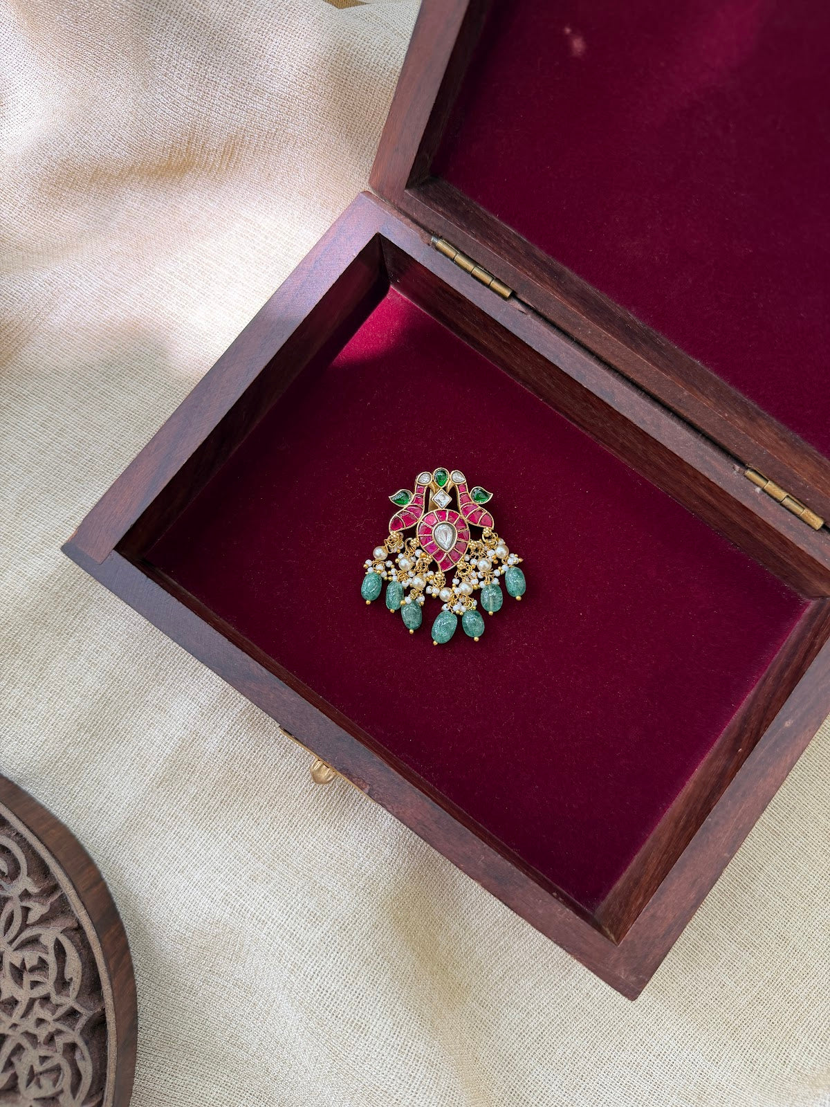 Peacock Multicolour Kundan Pendant | Handmade Jadau with Pearl Hanging | Handmade Gold Plated | HA396