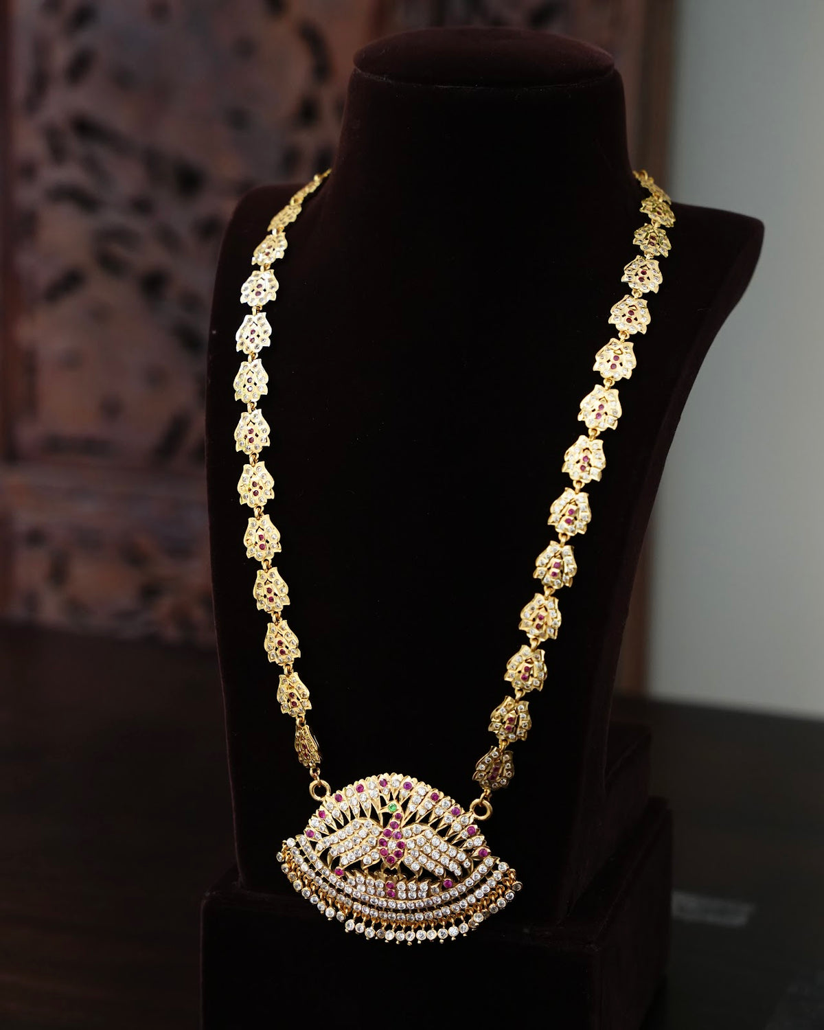 Vintage Impon Ruby & White Peacock Design Long Haram Necklace | Handmade Gold Tone | NC926