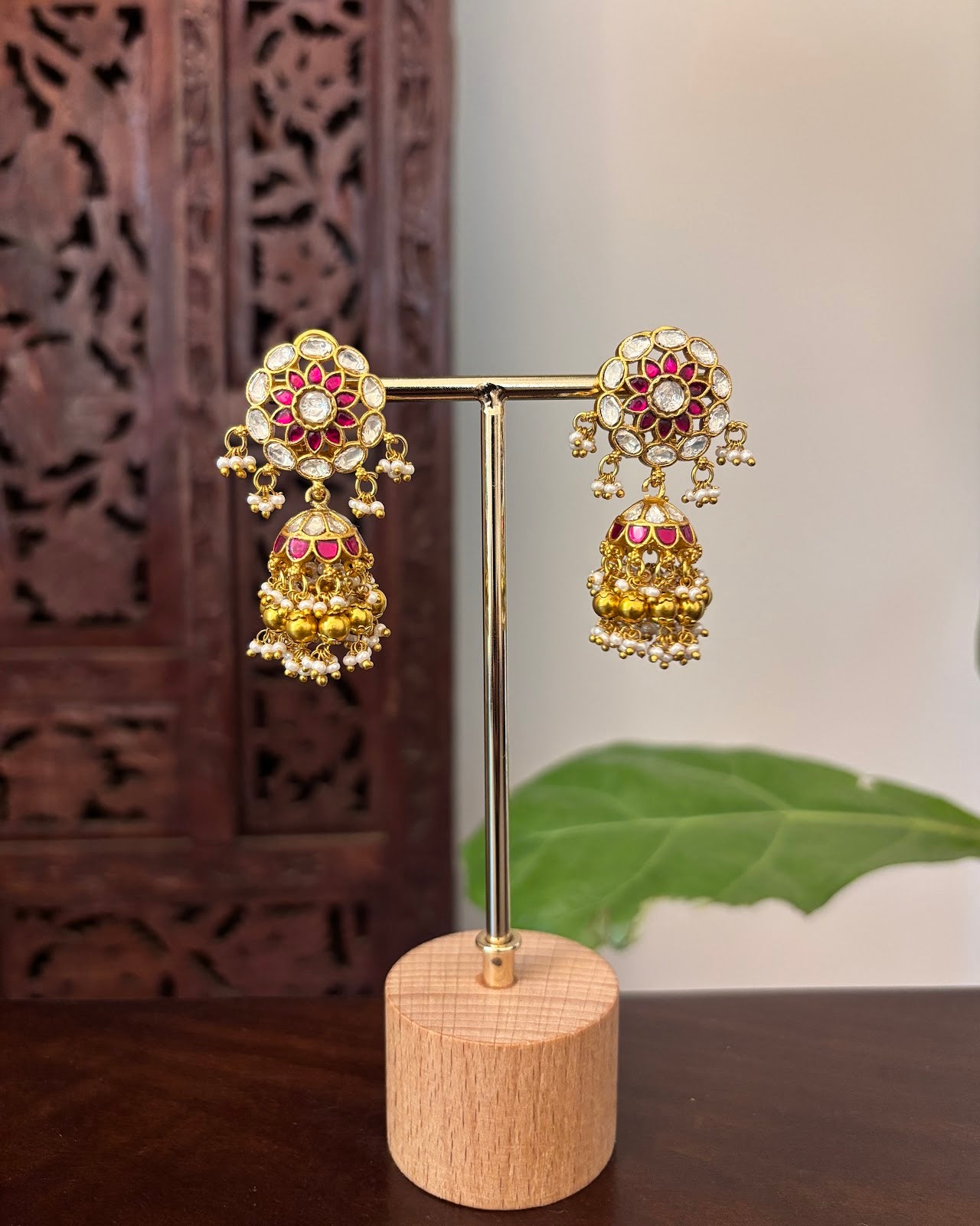 Traditional Ruby & White Jadau Kundan Jhumkas with Pearl Beads | Handmade Gold Plated | ER468