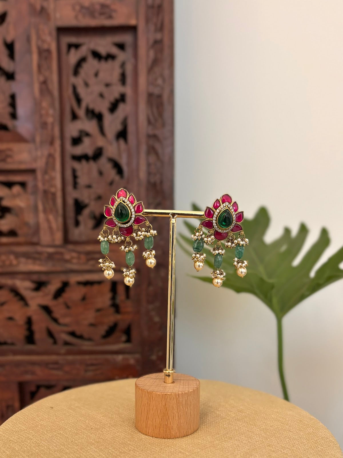 Ruby Green Floral Kundan Studs | Handmade Gold Plated | ER421