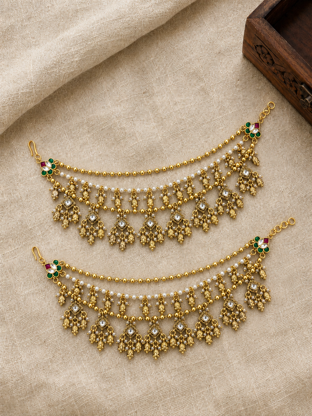 Multicolor Gold-Plated Jadau Kundan Ear Chain with Floral Kundan Setting | Handmade Gold Plated | EC229