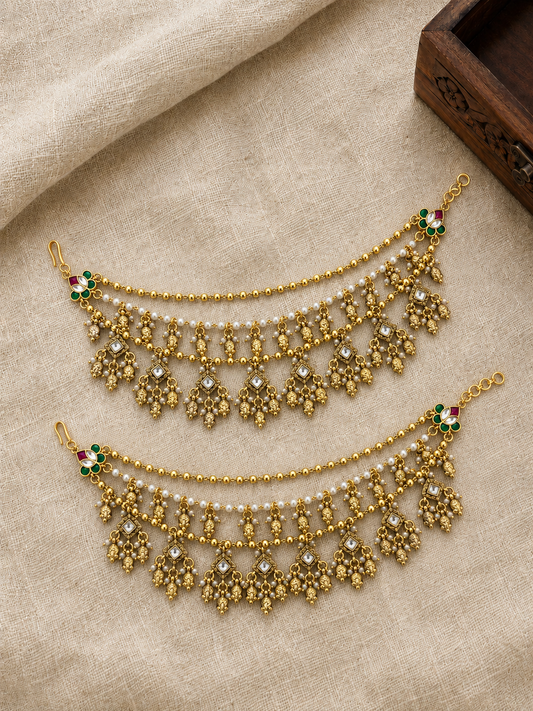 Multicolor Gold-Plated Jadau Kundan Ear Chain with Floral Kundan Setting | Handmade Gold Plated | EC229