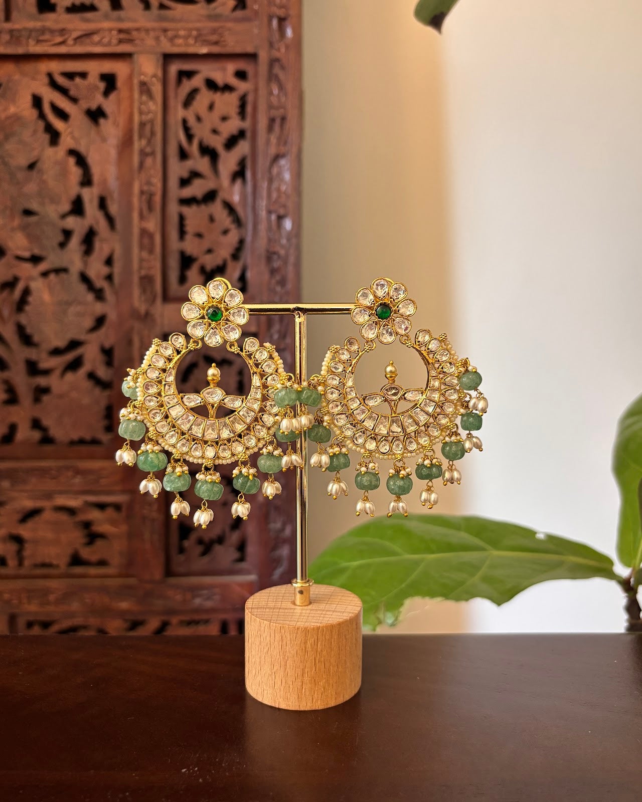 White Floral Jadau Kundan Jhumkas with Green Beads | Handmade Gold Plated | ER473