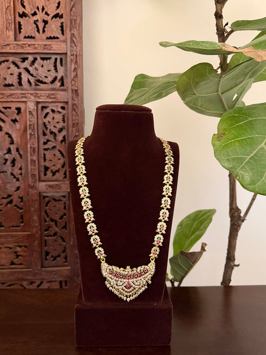 Floral Motif Impon Pendant Attigai Necklace | Ruby & White | Handmade Gold Tone | NC860