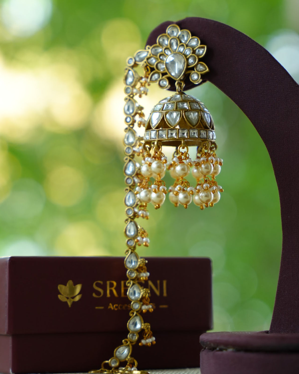 White Kundan Floral Earrings with Ear Chain | Handmade Gold Plated | ER514