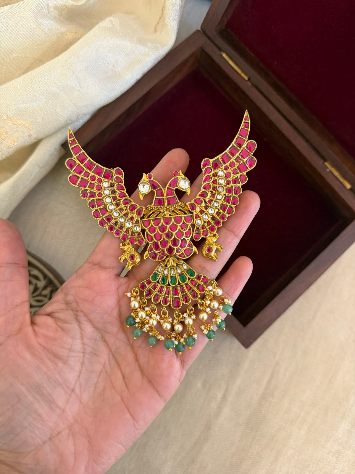 Multicolor Royal Gandaperunda Jadau Kundan Pendant | Handmade Gold Plated | HA367