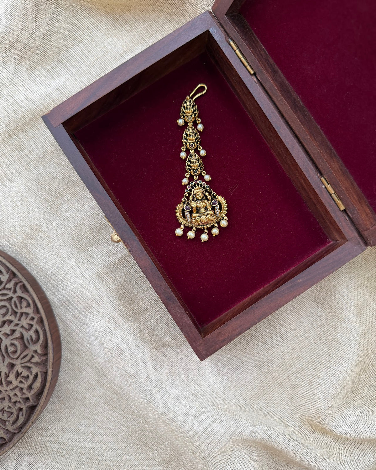Traditional Lakshmi Motif Maang Tikka | Multi Colour | Handmade Antique Gold Plated | MT384